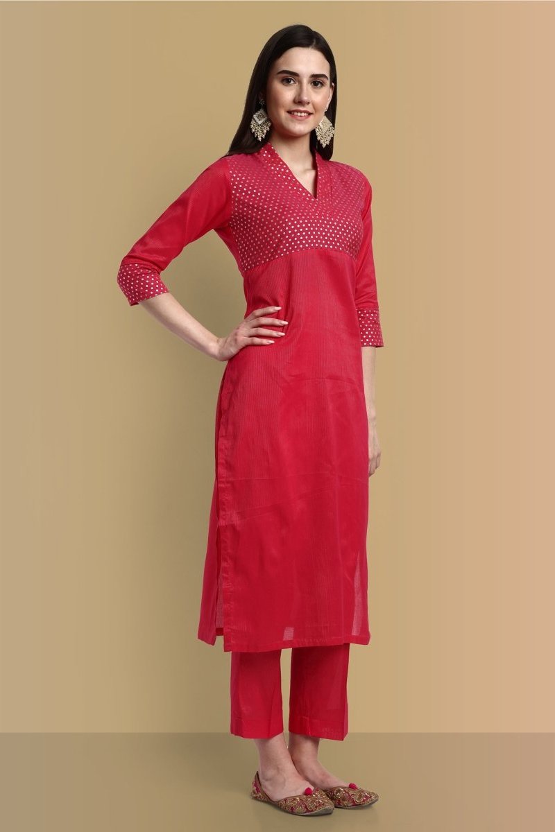 V-Neck Hot Pink Cotton Silk and Chanderi Kurta & Pant - Set of 2