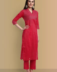 V-Neck Hot Pink Cotton Silk and Chanderi Kurta & Pant - Set of 2
