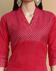 V-Neck Hot Pink Cotton Silk and Chanderi Kurta & Pant - Set of 2