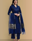 V-Neck Ink Blue Cotton Silk and Chanderi Kurta & Pant - Set of 3