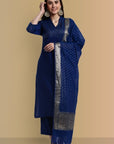 V-Neck Ink Blue Cotton Silk and Chanderi Kurta & Pant - Set of 3
