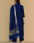 V-Neck Ink Blue Cotton Silk and Chanderi Kurta & Pant - Set of 3