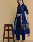 V-Neck Ink Blue Cotton Silk and Chanderi Kurta & Pant - Set of 3