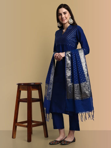 V-Neck Ink Blue Cotton Silk and Chanderi Kurta & Pant - Set of 3