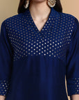 V-Neck Ink Blue Cotton Silk and Chanderi Kurta & Pant - Set of 3