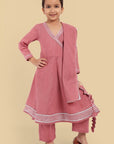 V-neck Pink Mul Angrakha style Anarkali - Set of 3 - Mera Rang
