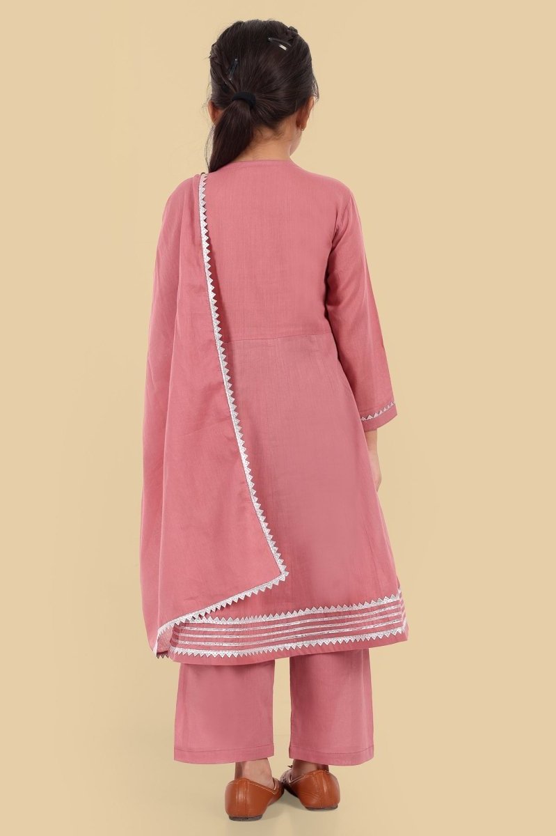 V-neck Pink Mul Angrakha style Anarkali - Set of 3 - Mera Rang