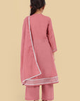 V-neck Pink Mul Angrakha style Anarkali - Set of 3 - Mera Rang