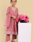 V-neck Pink Mul Angrakha style Anarkali - Set of 3 - Mera Rang