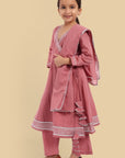 V-neck Pink Mul Angrakha style Anarkali - Set of 3 - Mera Rang