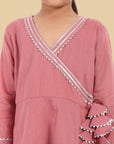 V-neck Pink Mul Angrakha style Anarkali - Set of 3 - Mera Rang