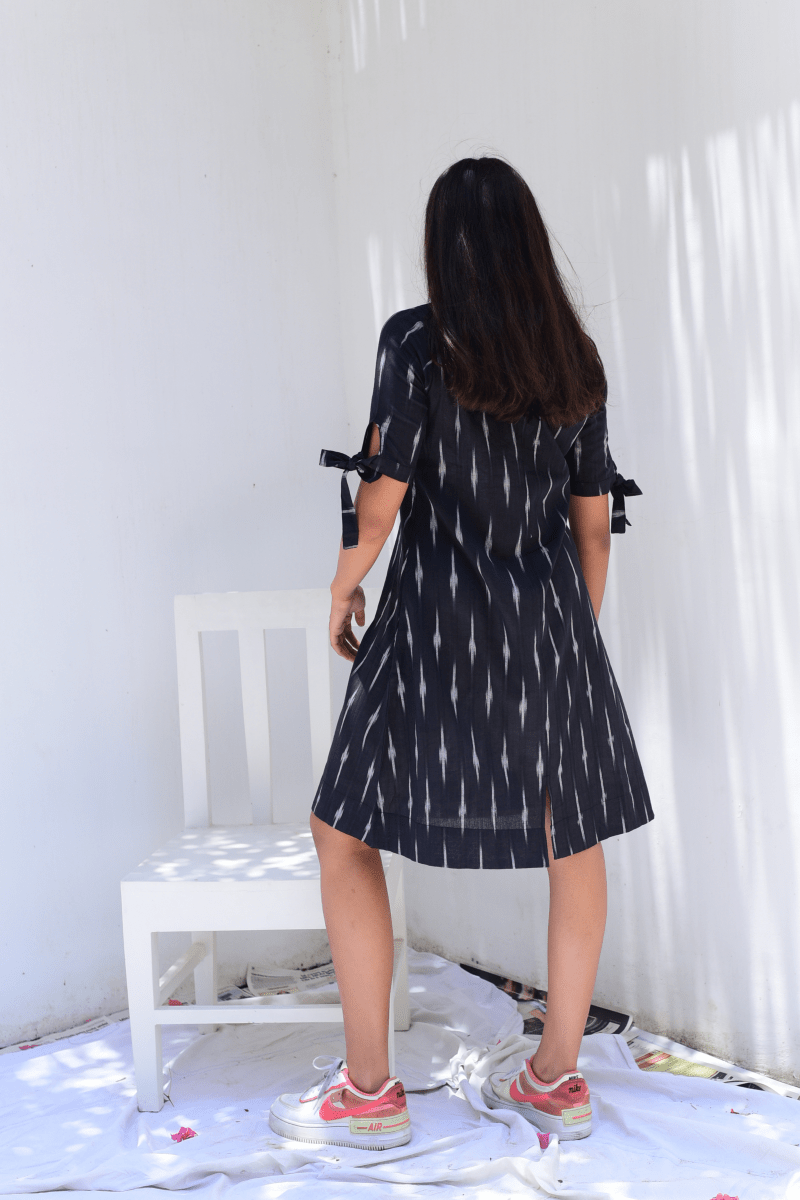 Weaved Black Ikkat A-line Knot Dress
