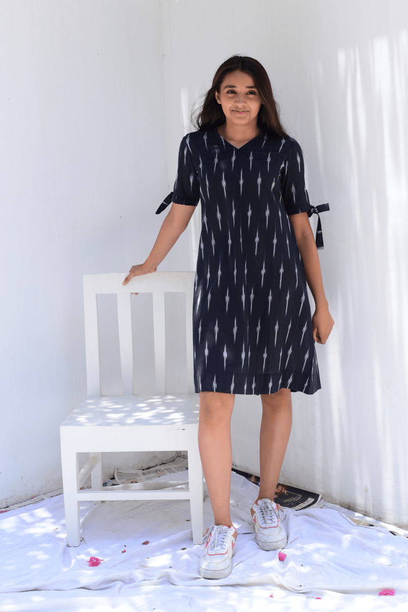 Weaved Black Ikkat A-line Knot Dress