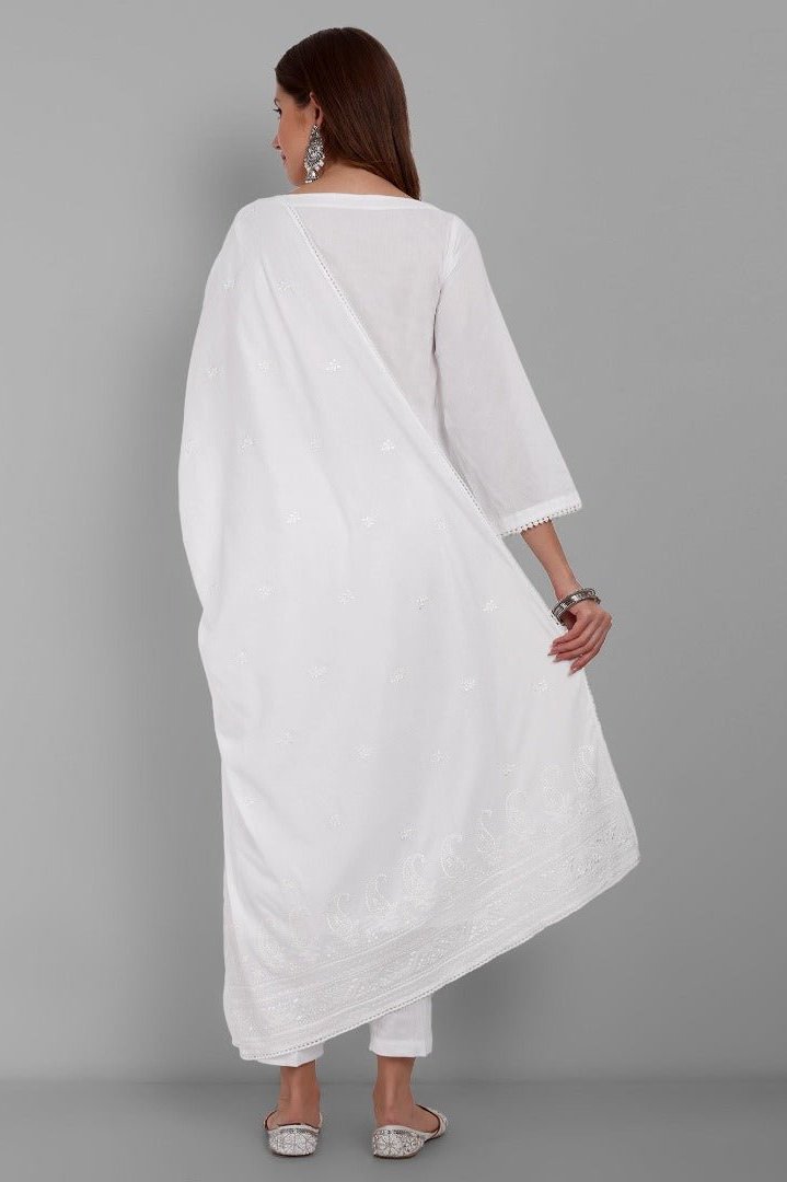 White Cotton Mul Chikankari Kurta & Pant set - Set of 3