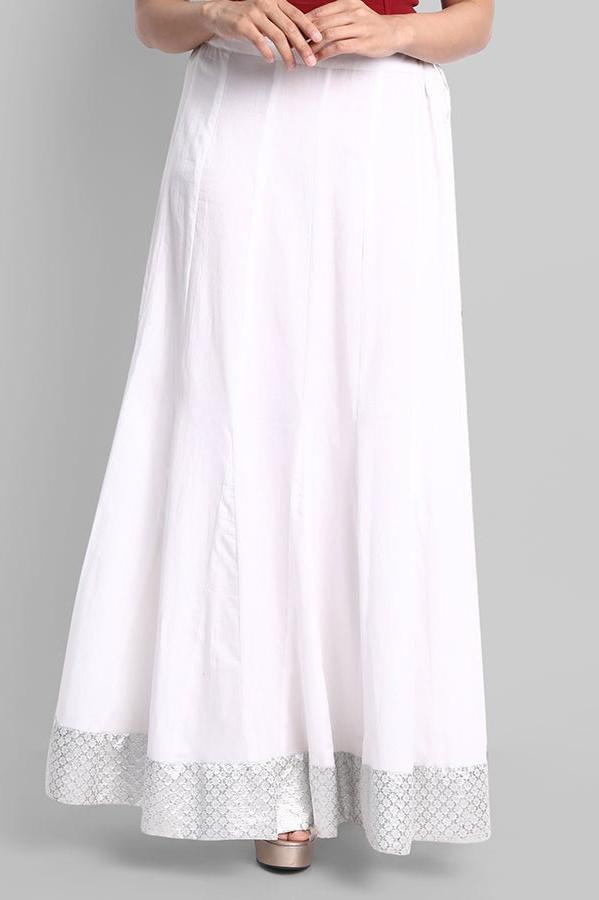 Women's White Fish Cut Silver Border Skirt, Lehenga for Choli