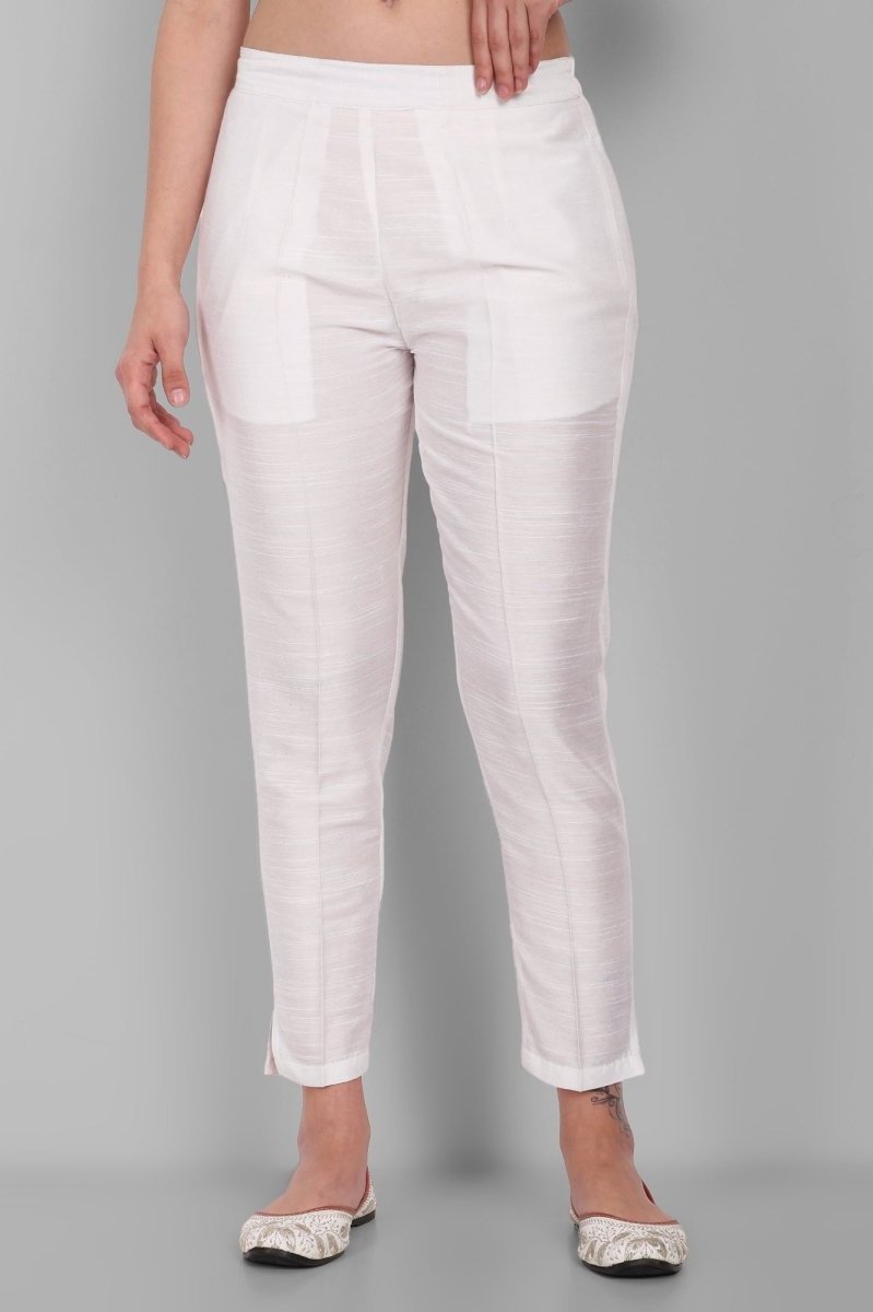White Straight Cotton Silk Pant with Pockets - Mera Rang
