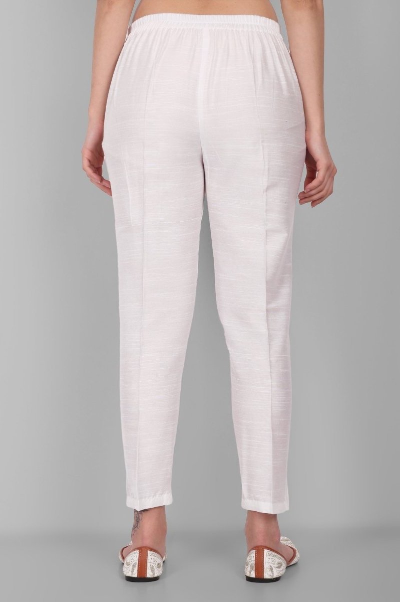 White Straight Cotton Silk Pant with Pockets - Mera Rang