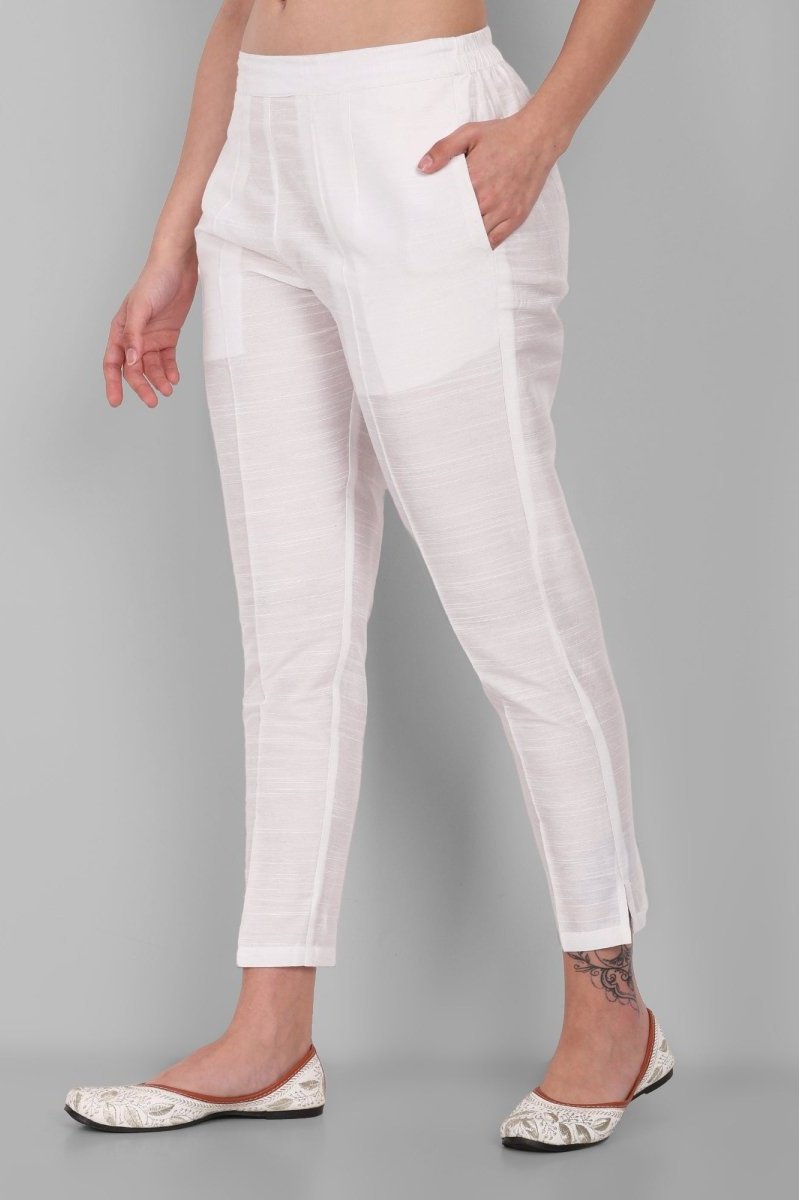 White Straight Cotton Silk Pant with Pockets - Mera Rang