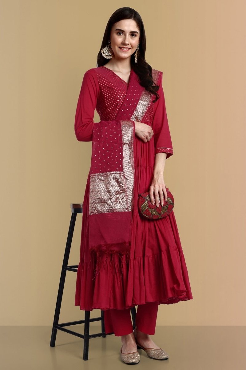 Wine Chanderi Angrakha Graduated Style - Set of 3