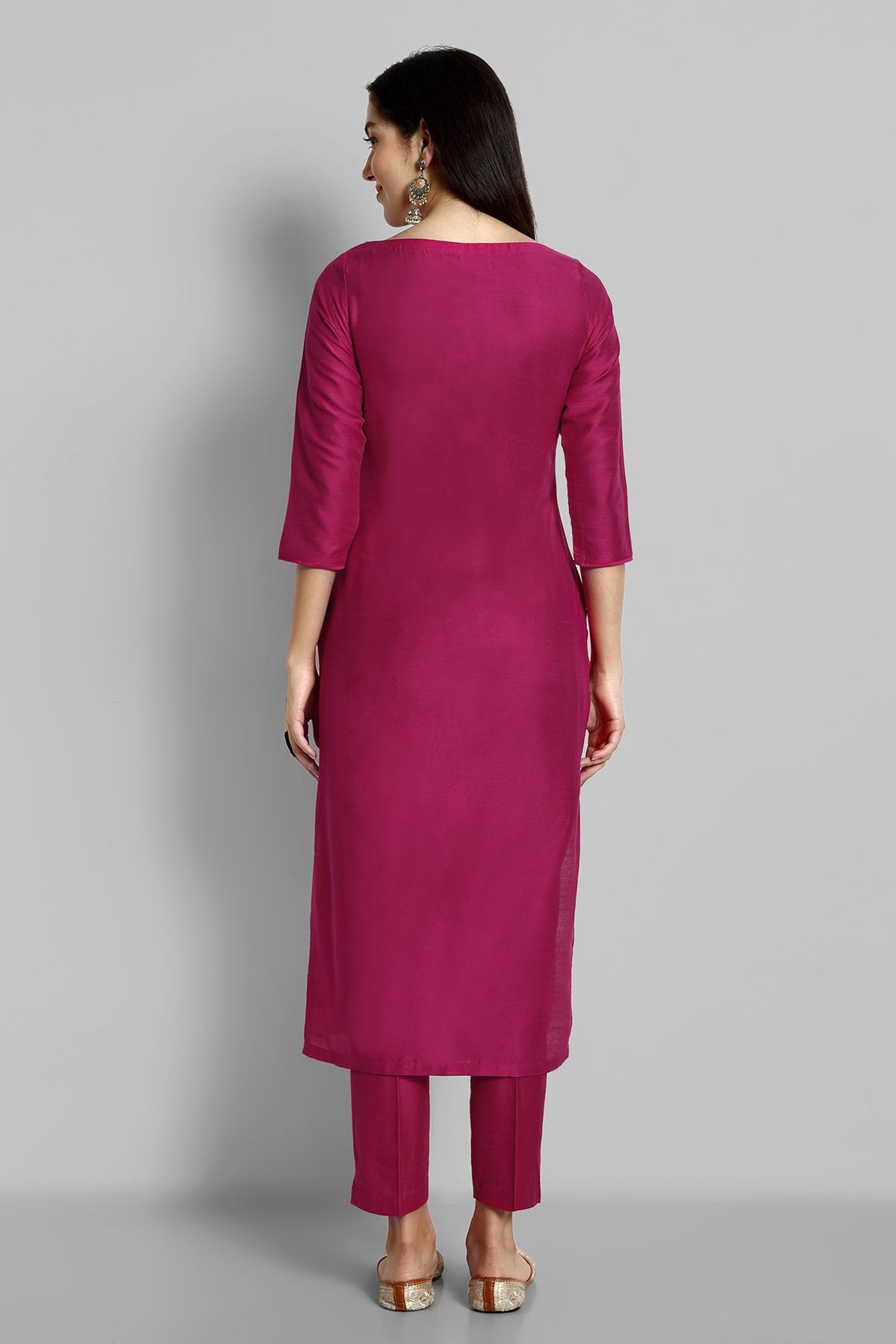 Hot Pink Boat Neck Kurta with Elasticated Pant - Set of 2