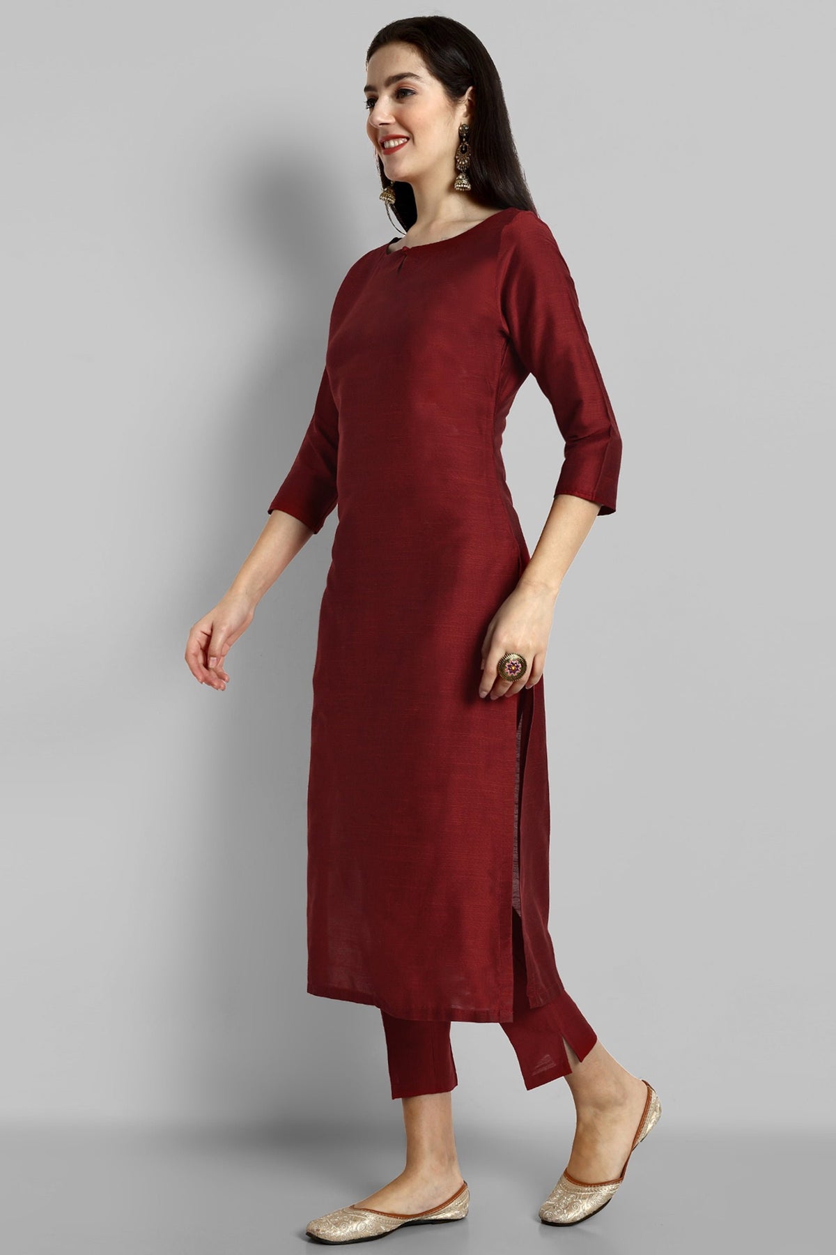 Maroon Boat Neck Kurta with Elasticated Pant - Set of 2