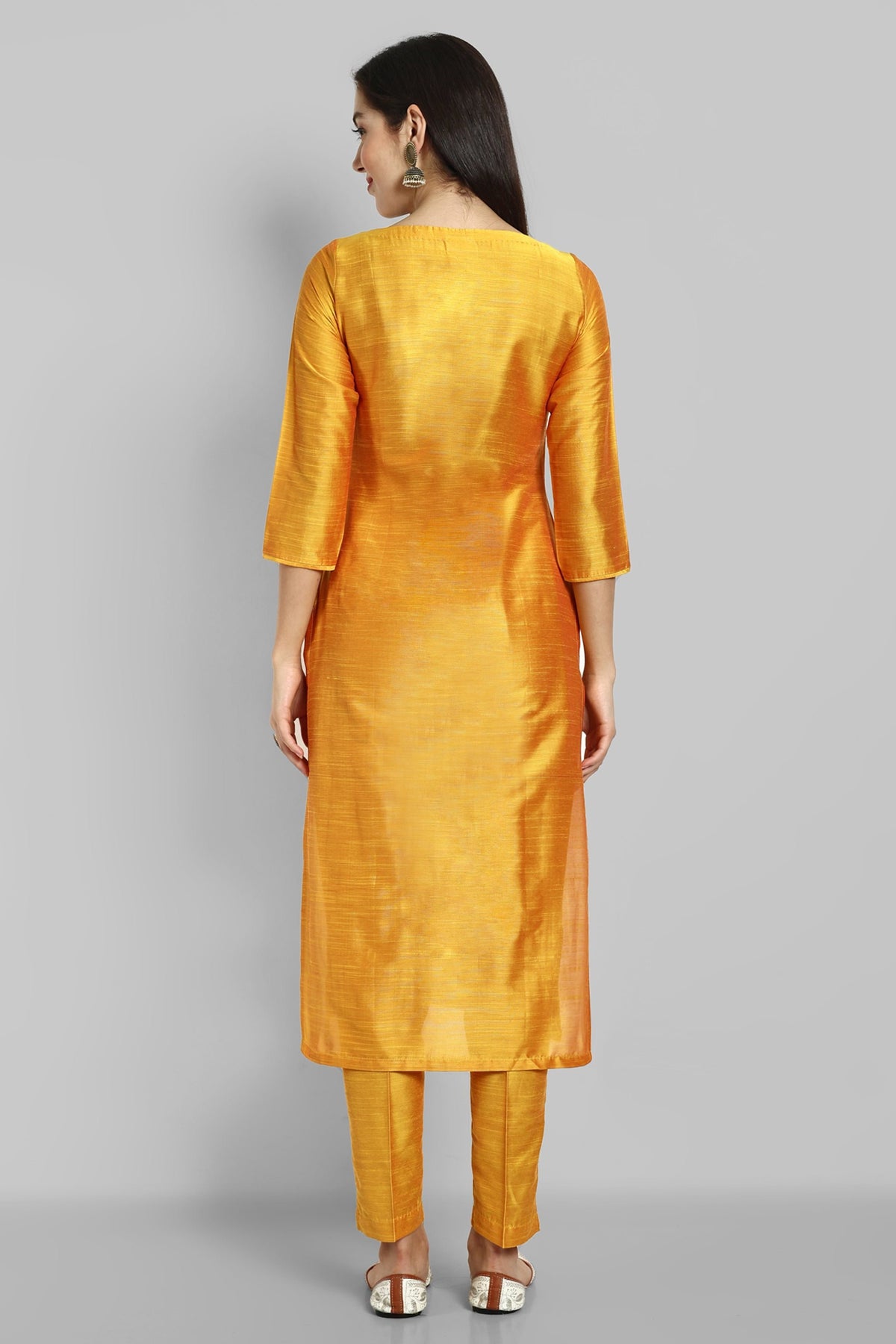 Mustard Boat Neck Kurta with Elasticated Pant - Set of 2