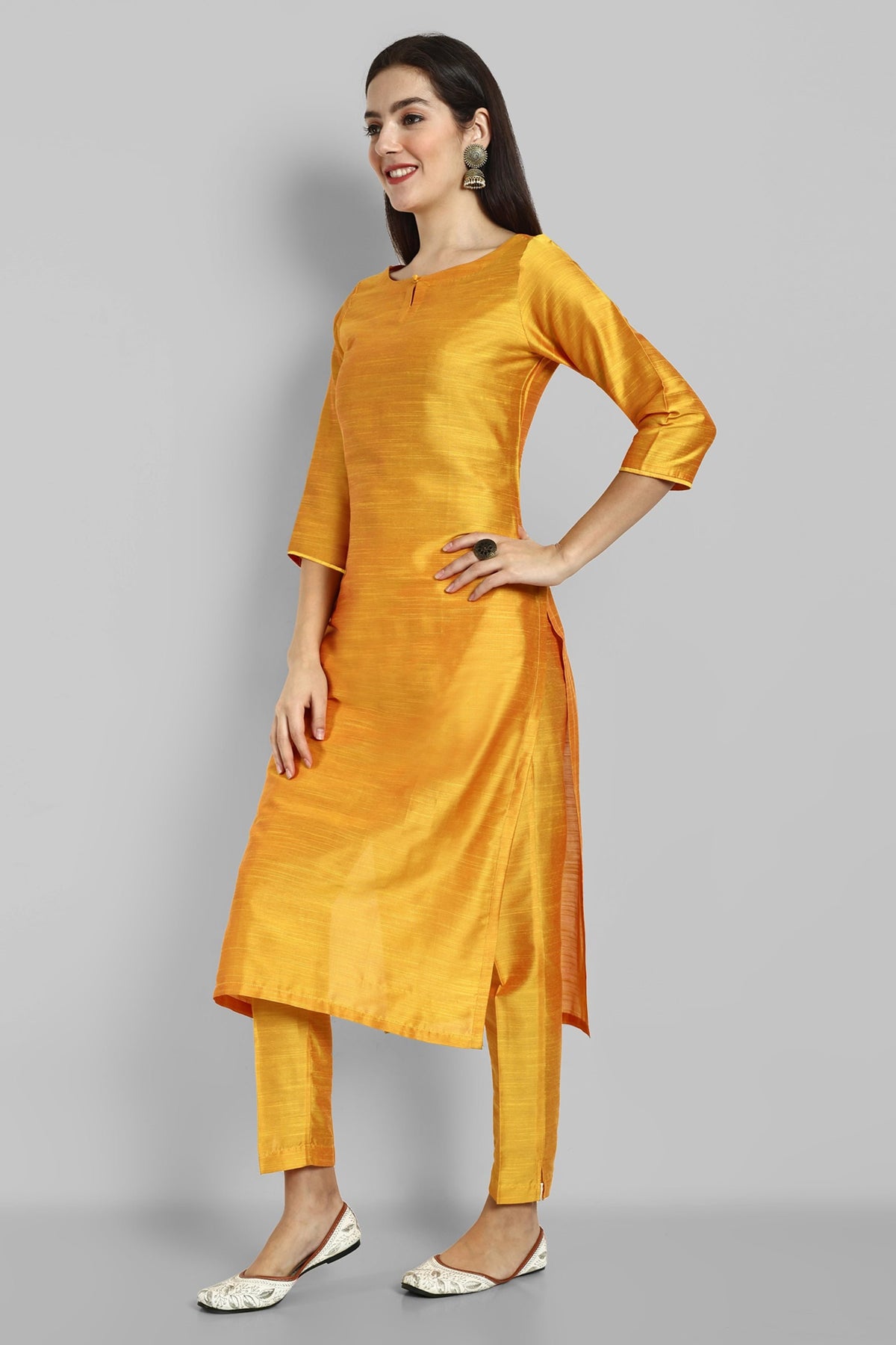 Mustard Boat Neck Kurta with Elasticated Pant - Set of 2