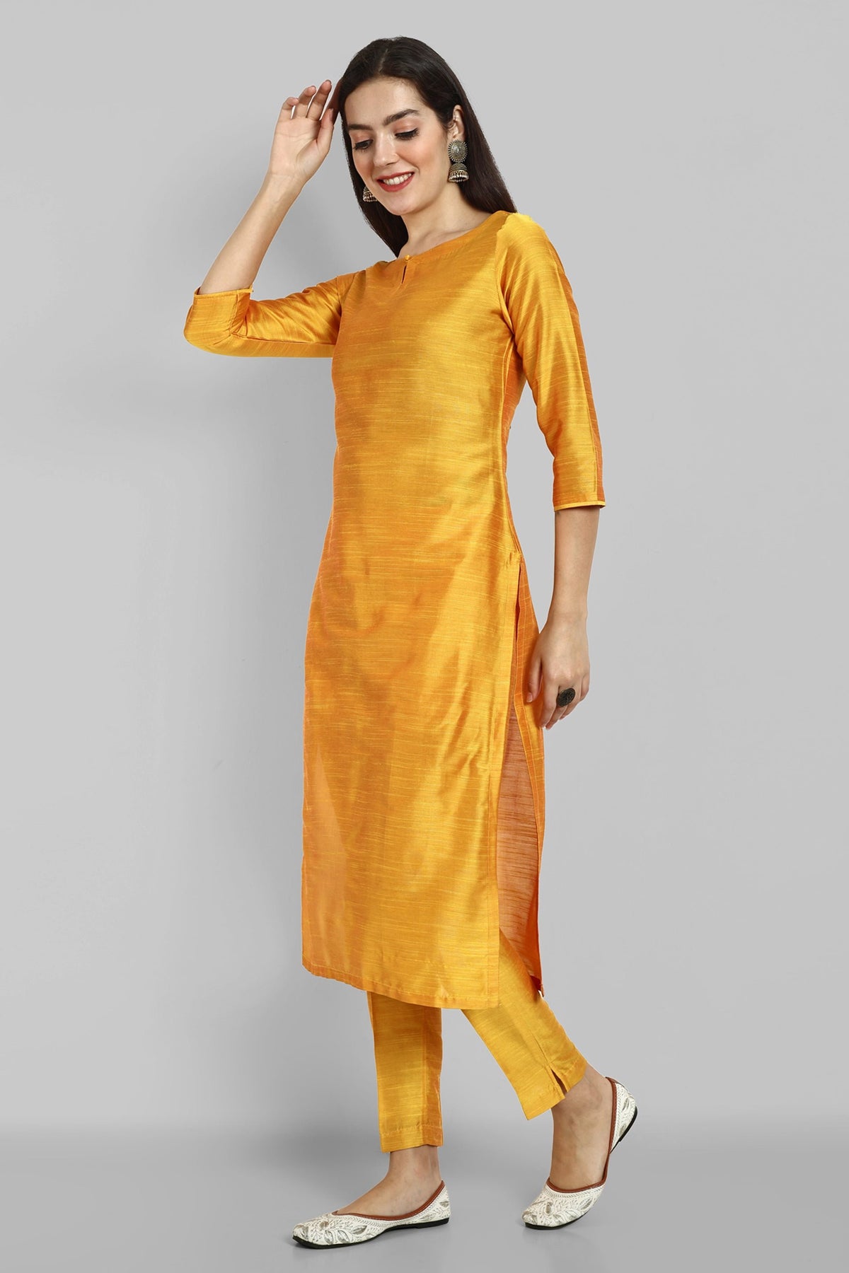 Mustard Boat Neck Kurta with Elasticated Pant - Set of 2