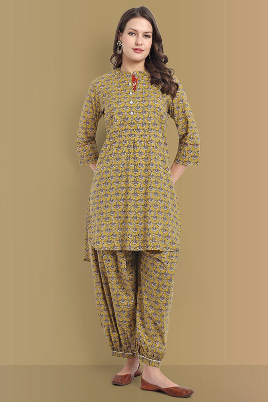 Mustard Mosaic Ajrak Short Asymmetrical Kurta with Harem Pant - Set of 2
