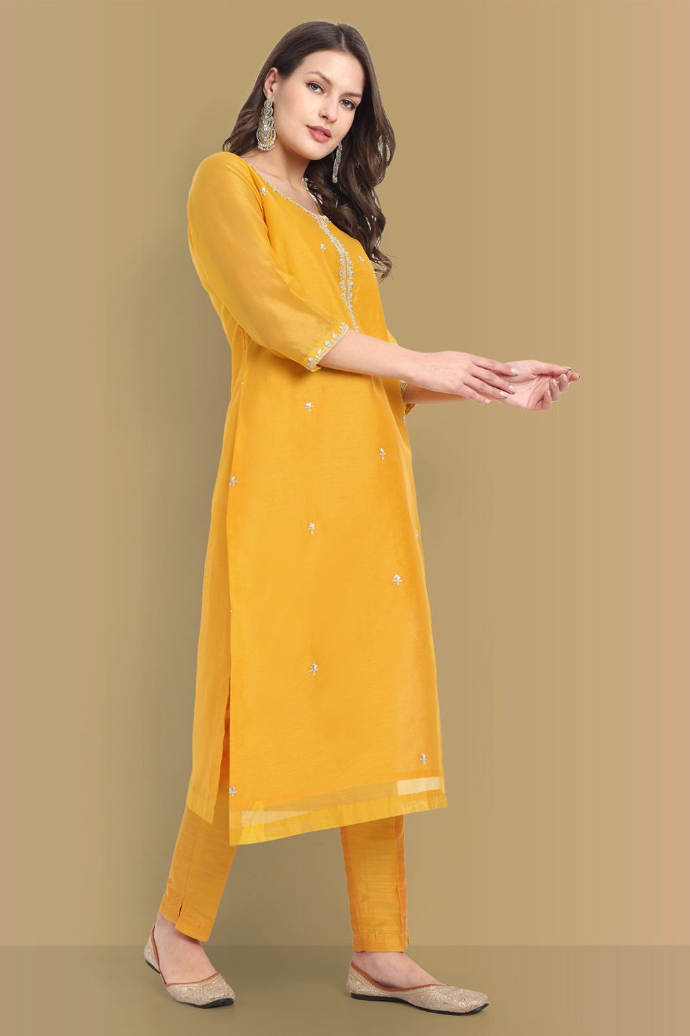 Yellow Haldi Chanderi Suit with Dupatta - Set of 3