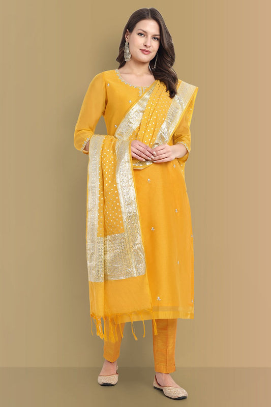Yellow Haldi Chanderi Suit with Dupatta - Set of 3
