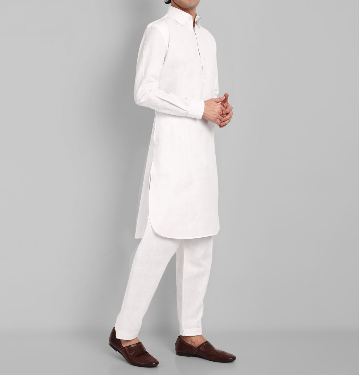White Cotton-Linen Pathani Suit
