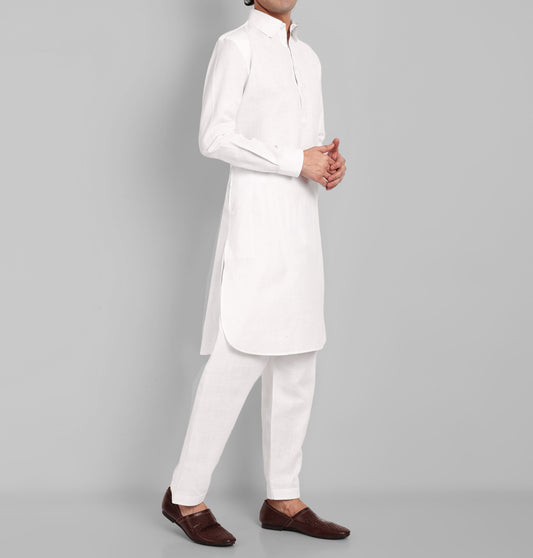 White Cotton-Linen Pathani Suit