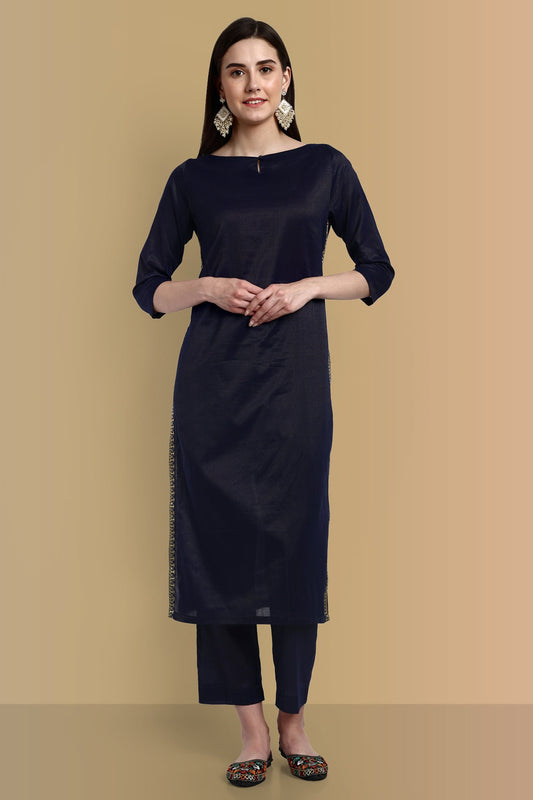Midnight Blue Side Embriodery Kurta with Elasticated Pant - Set of 2