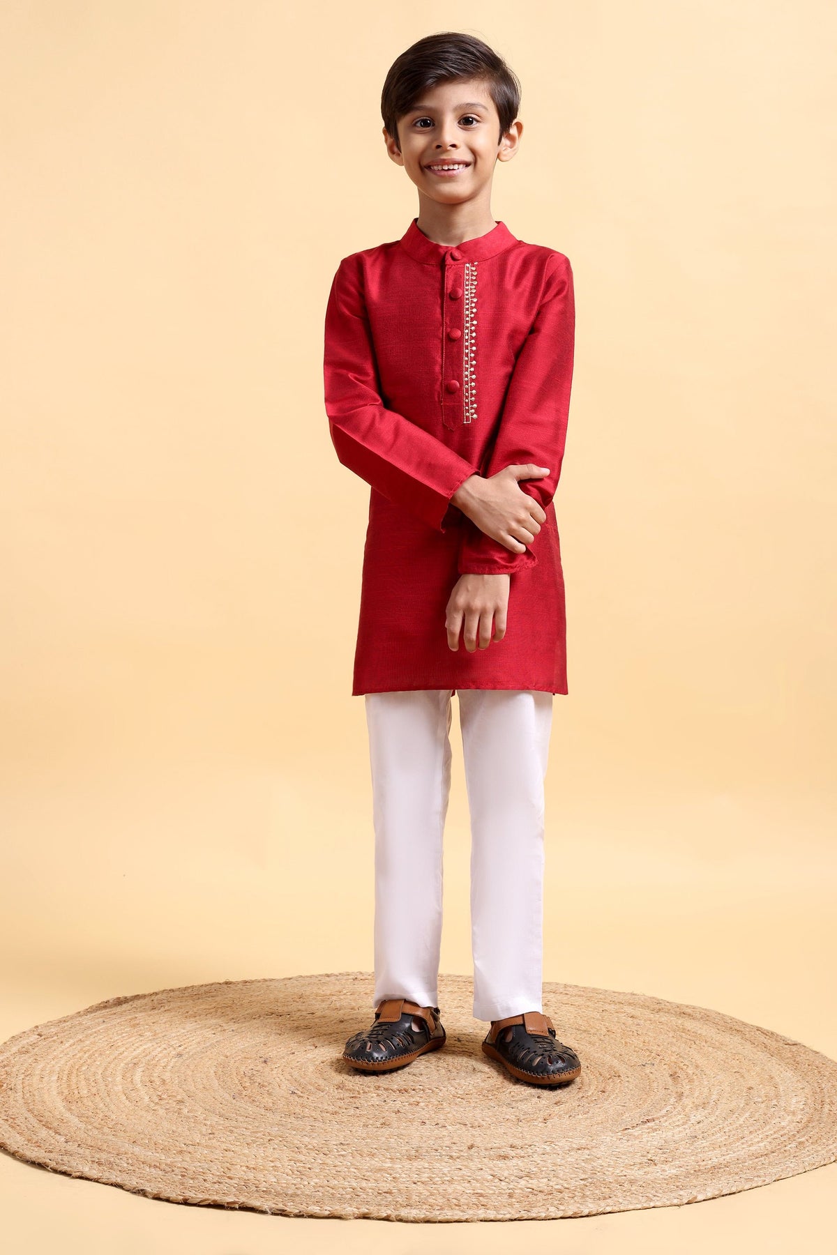 Deep Red Embroidery Cotton Silk Kurta & Pajama Set