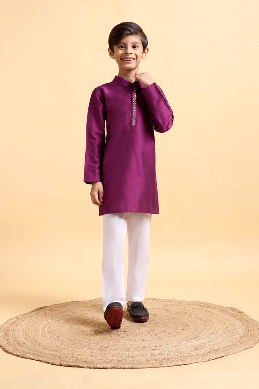 Purple Embriodery Cotton Silk Kurta & Pajama Set
