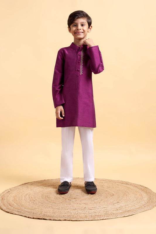 Purple Embriodery Cotton Silk Kurta & Pajama Set