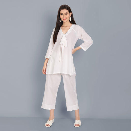 White Cotton Front Knot Top - Mera Rang
