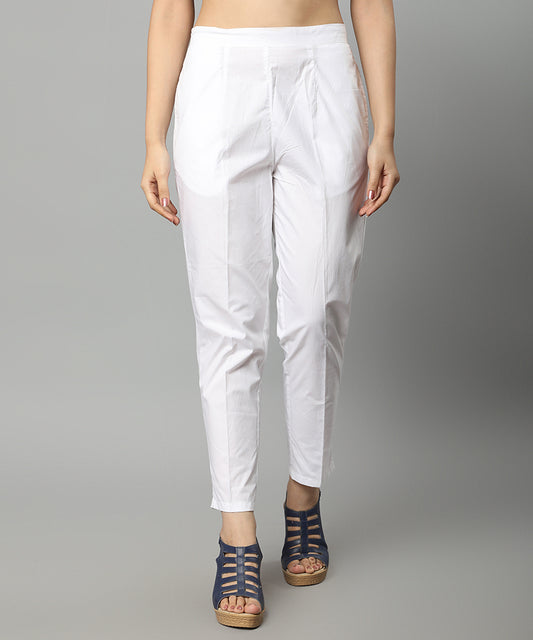 Straight Fit Cotton White Drainpipe Pants - Mera Rang