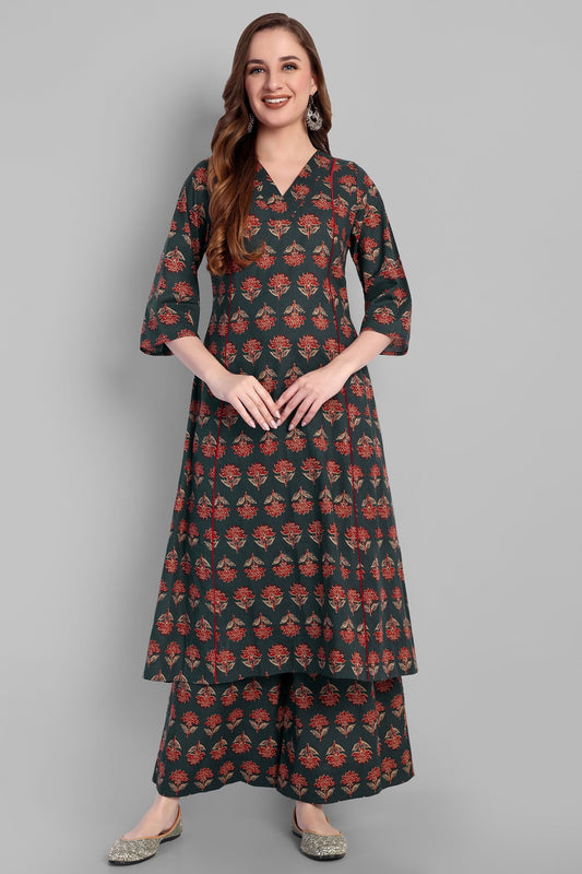 V Neck A Line Green Ajrak Kurta and Pant