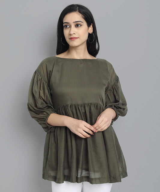 Khaki Mul Cotton Tunic Top - Mera Rang