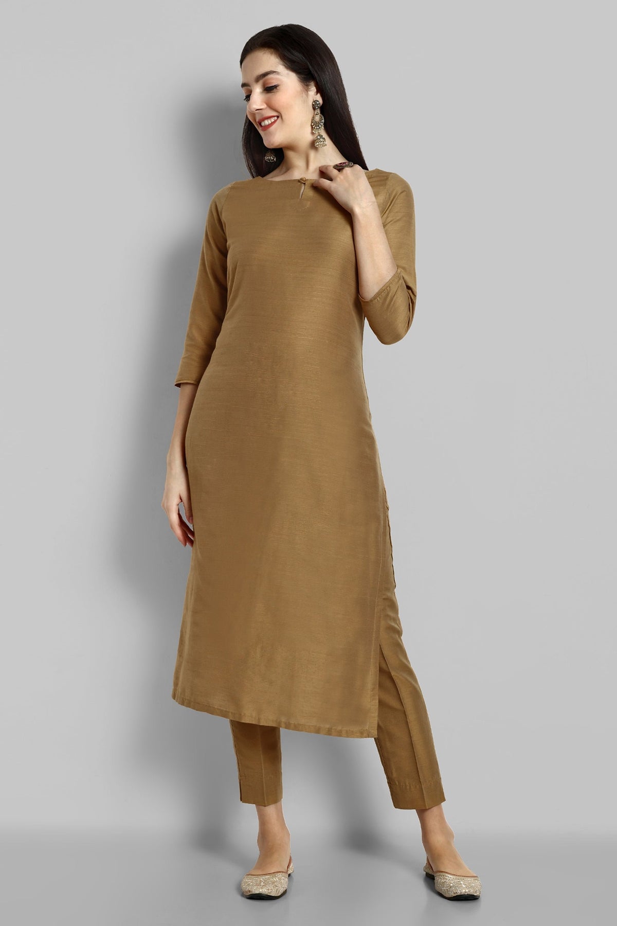 Old Gold Boat Neck Kurta with Elasticated Pant - Set of 2