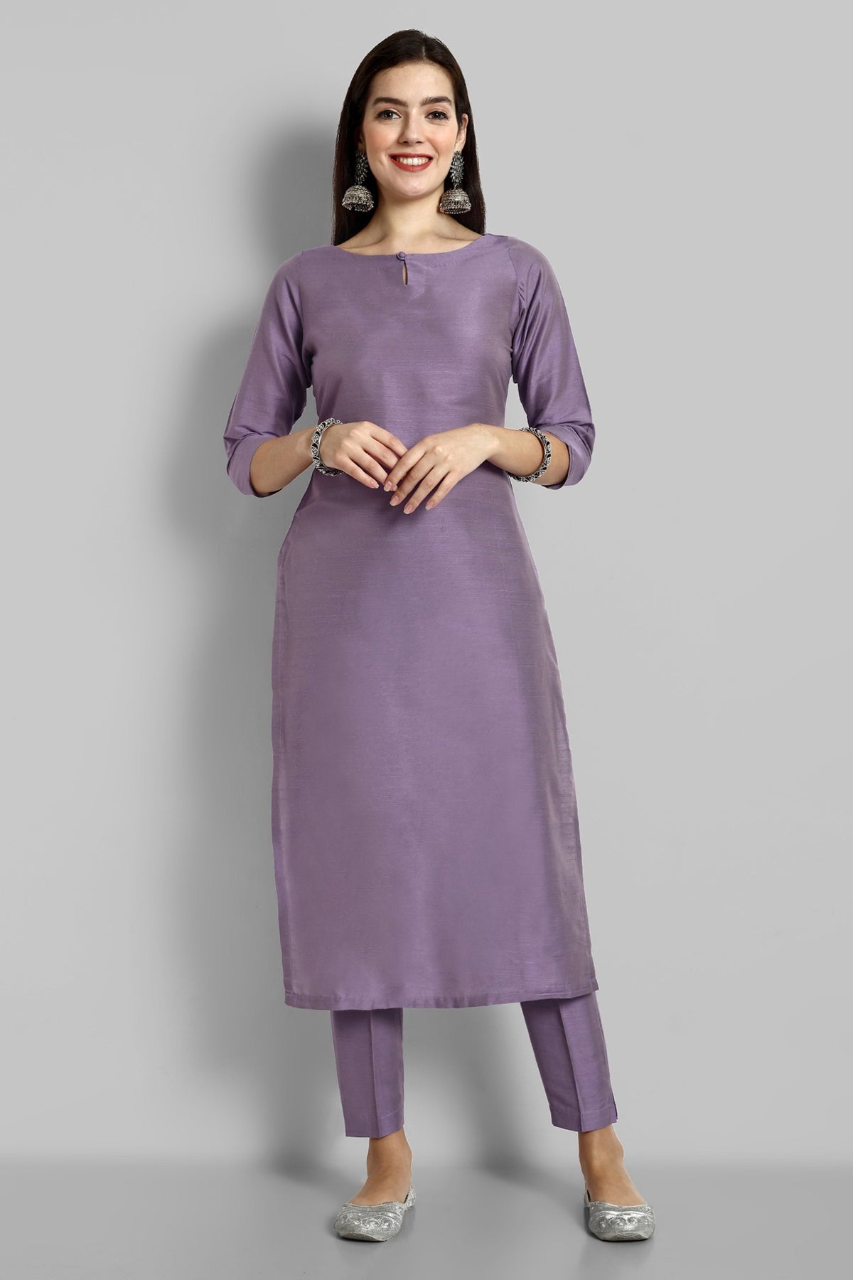 Mauve Boat Neck Kurta with Elasticated Pant - Set of 2