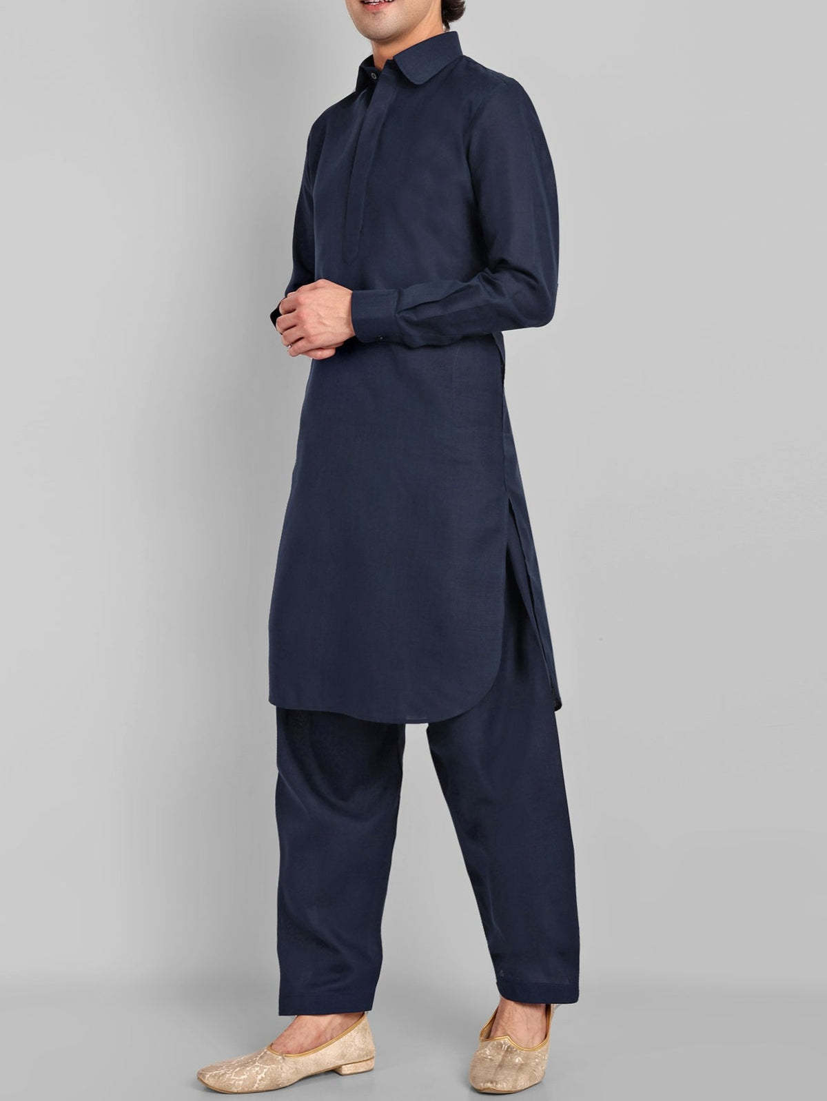 Navy Blue Cotton-Linen Pathani Suit