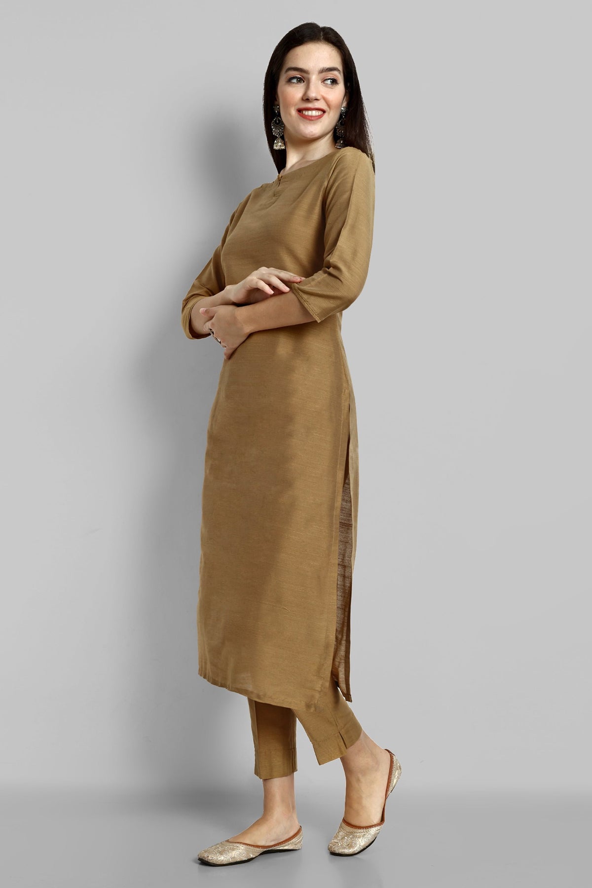 Old Gold Boat Neck Kurta with Elasticated Pant - Set of 2