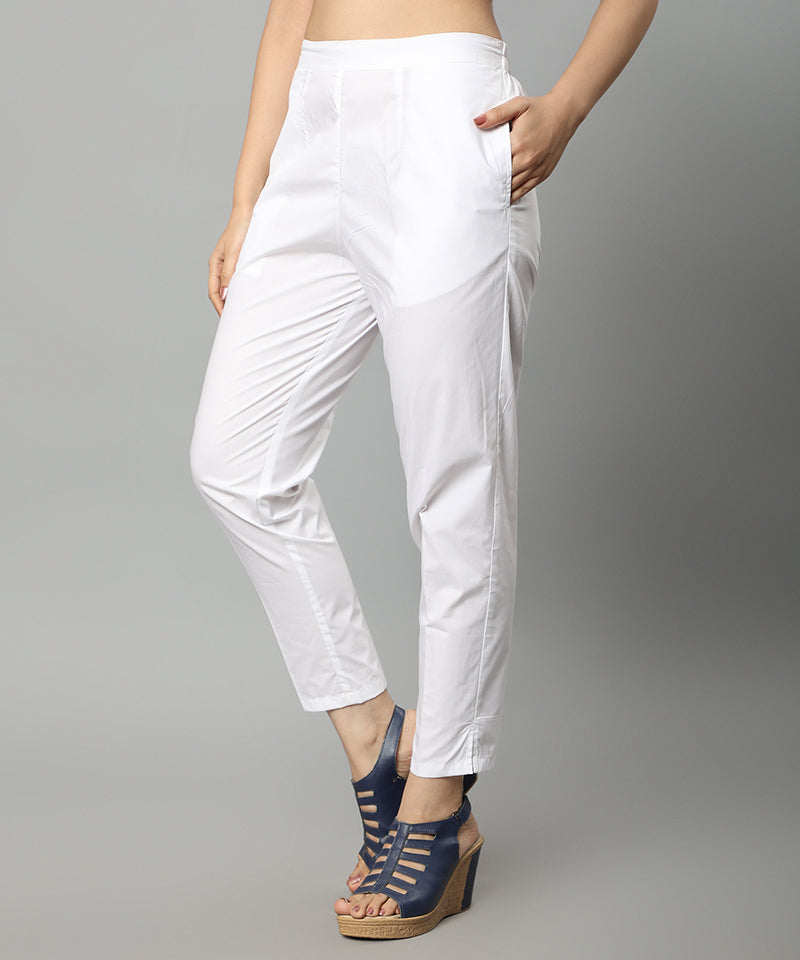 Straight Fit Cotton White Drainpipe Pants