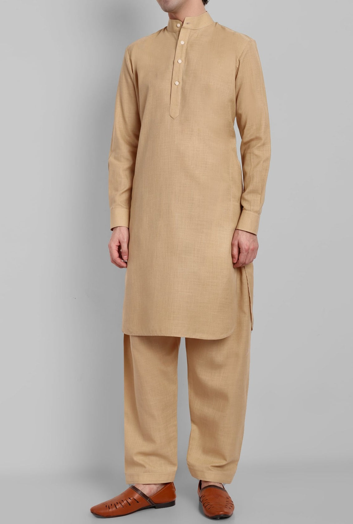 Beige Cotton-Linen Pathani Suit