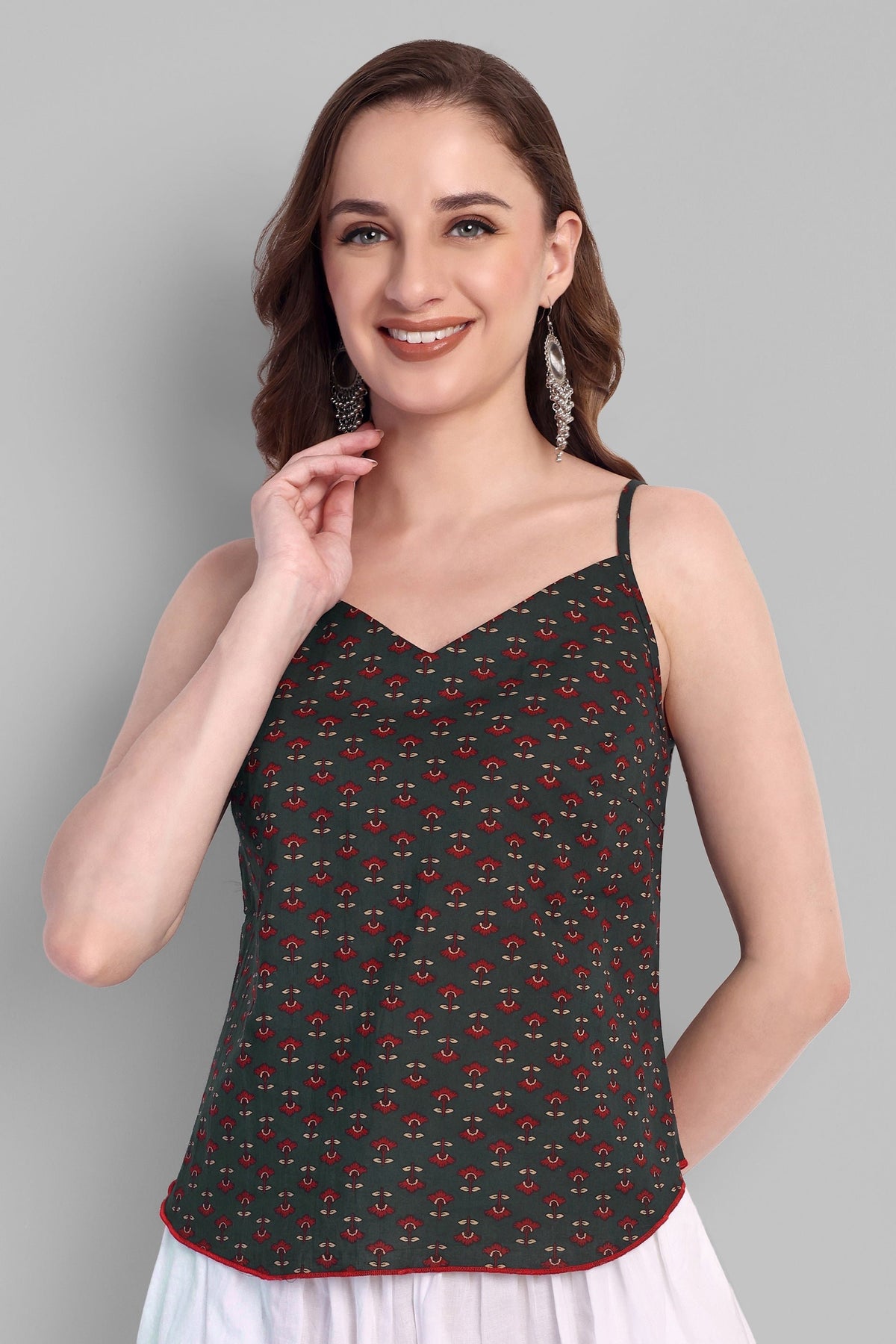 Cotton Noodle Ajrak Bottle Green Strap Basic Top