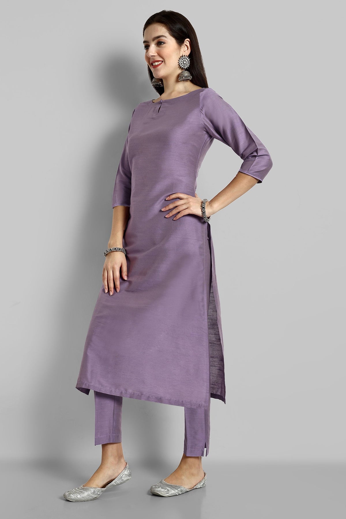 Mauve Boat Neck Kurta with Elasticated Pant - Set of 2
