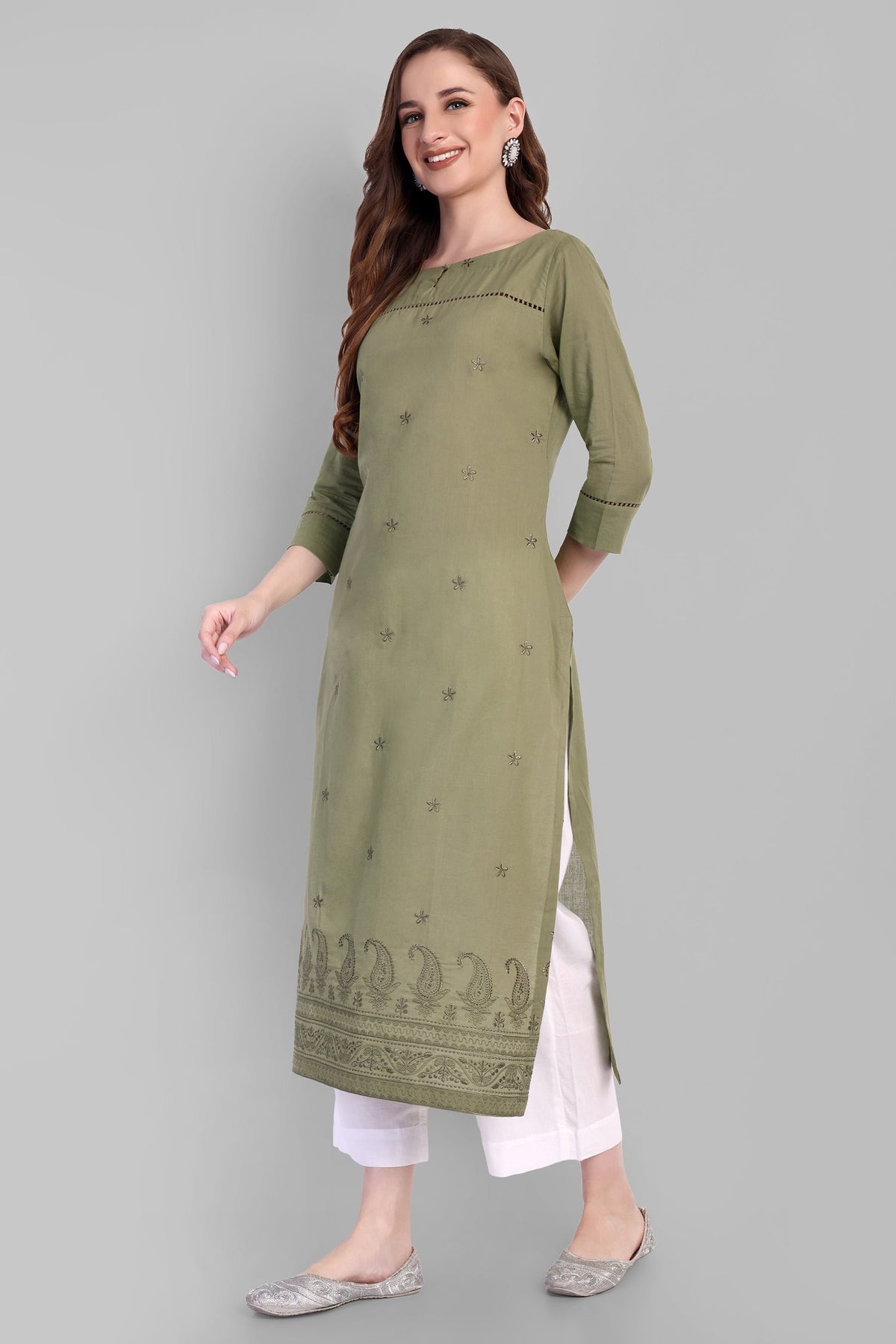 Khaki Mul Long Chikankari Kurta and Pant - Set of 2